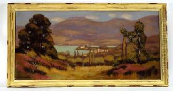 Vue Du Lac D'annecy Etde Duingt. Huile Sur Panneau Signee. 50x102 Cm Oil Painting by Pierre Thevenin