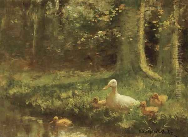 Duck and ducklings on a riverbank Oil Painting by David Adolf Constant Artz