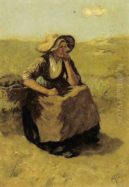 A pensive fisherwoman in the dunes Oil Painting by David Adolf Constant Artz