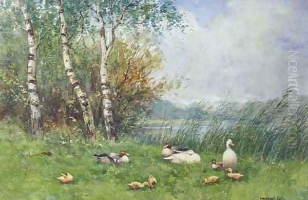 Ducks and ducklings on a river bank Oil Painting by David Adolf Constant Artz