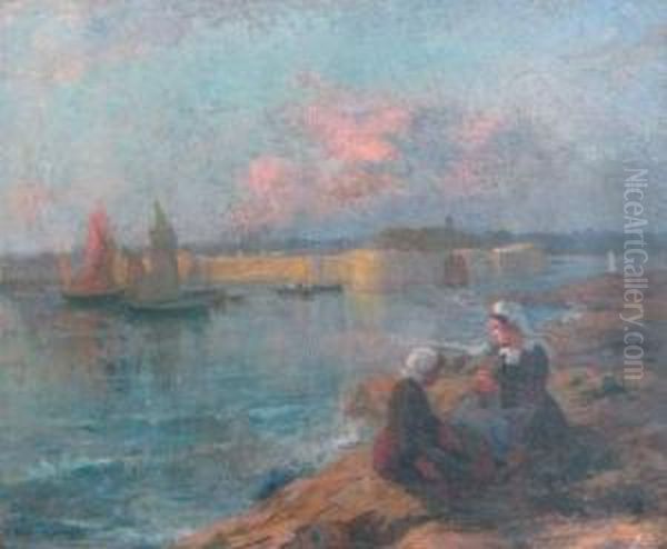  Bretonnes Assises Devant Concarneau  Oil Painting by Henri L. Thiebault