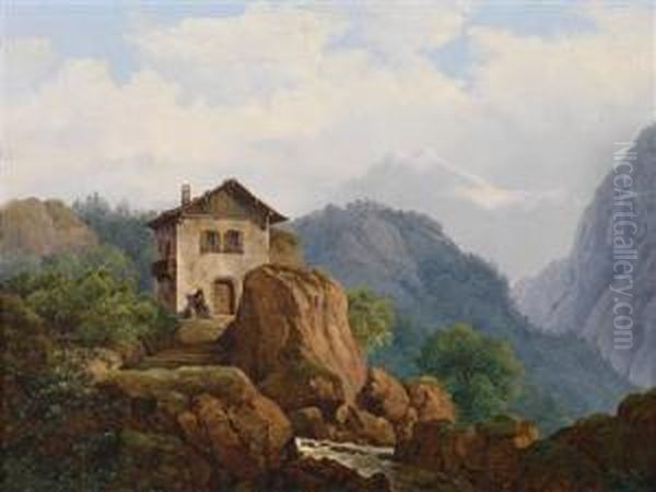 Mountainlandscape With House By A Mountain Torrent Oil Painting by Franz Thiel