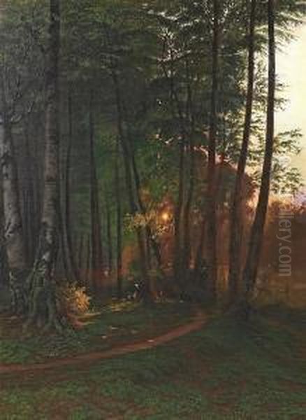 Forest With Woman And Little Child On A Path Oil Painting by Anton Thiele