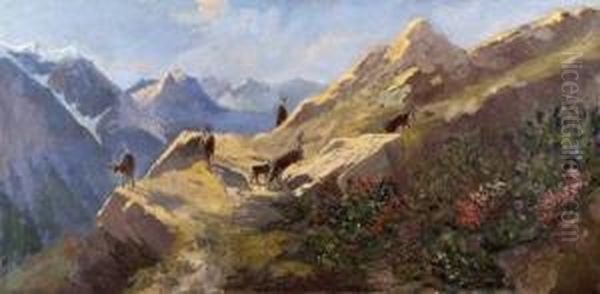 Gemsen Im Hochgebirge Oil Painting by Arthur Thiele