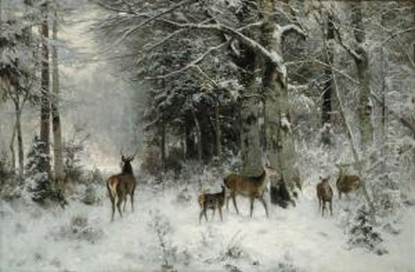 Deer In A Winter Landscape (1889) Oil Painting by Arthur Thiele