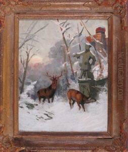 Rotwild An Einer Statueim Winterwald Bei Gegenlicht Oil Painting by Arthur Thiele