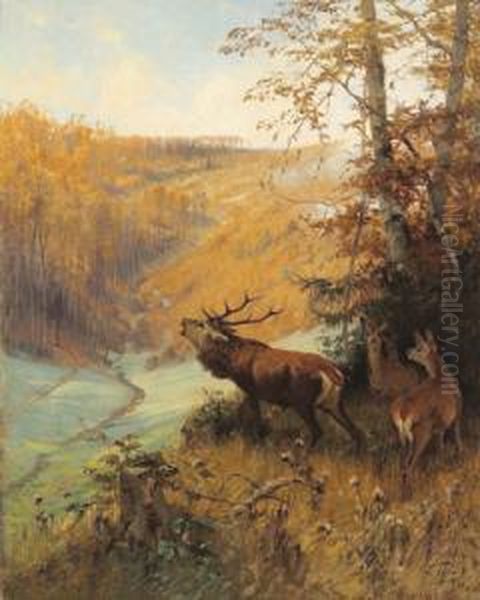 Deer On The Forests Edge Oil Painting by Arthur Thiele