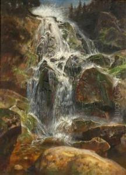 A Waterfall Oil Painting by Franz Thiele