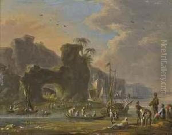 Deux Scenes De Dechargement De Bateaux Au Soleil Couchant Oil Painting by Johann Alexander Thiele