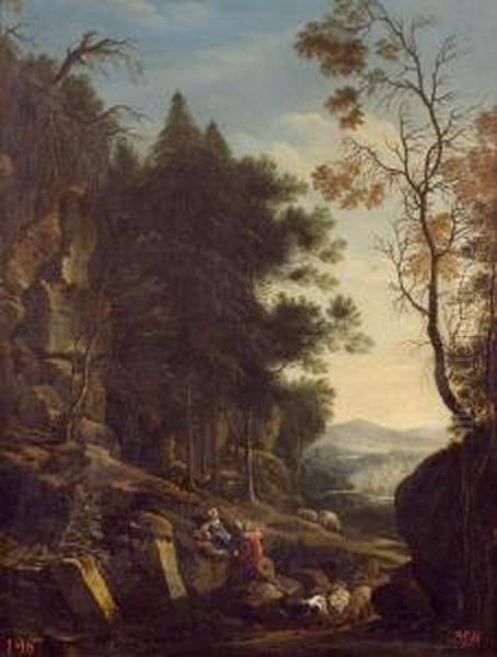 Landscape With Shepherd Couple. Oil Painting by Johann Fried. Alex. Thiele