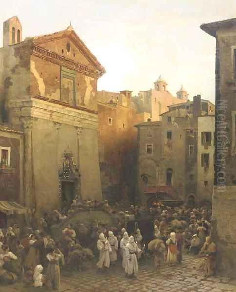 A procession in Palestrina, Italy Oil Painting by Oswald Achenbach