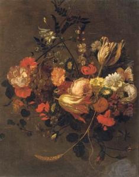 Roses, Tulips, Violets, Poppies And Other Flowers Oil Painting by Gaspar Thielens