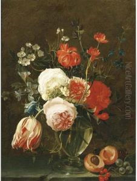 A Still Life Of Flowers In A Glass Vase With Fruit On A Stoneledge Oil Painting by Gaspar Thielens