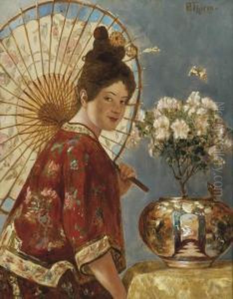 An Oriental Maiden Holding A Parasol Oil Painting by Paul Thiem