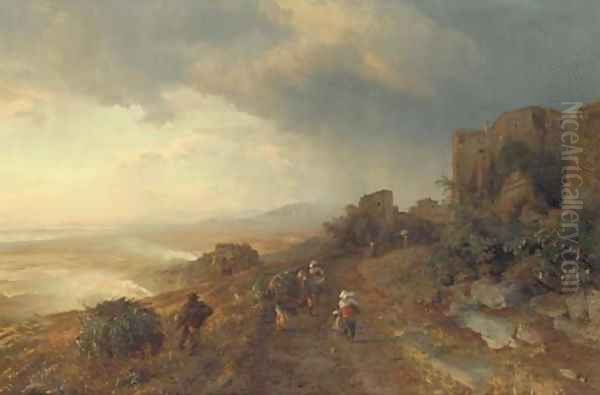 Figures on a Track in an Italian Coastal Landscape Oil Painting by Oswald Achenbach