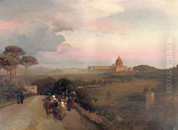 Pilgrims on the Via Cassia, Rome Oil Painting by Oswald Achenbach