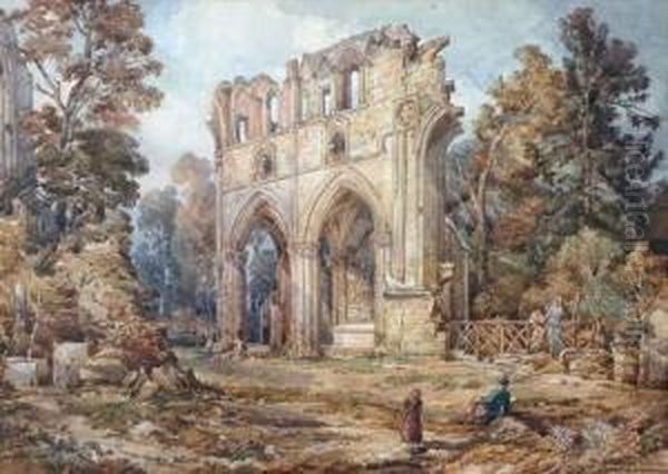 Vue De L'abbaye De Dryburgh En Ecosse Oil Painting by Louis Desiree Thienon