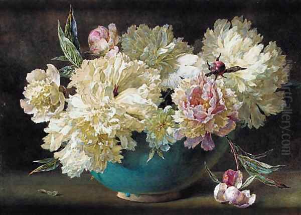 Pink and white peonies in a bowl Oil Painting by Helen Cordelia Coleman Angell