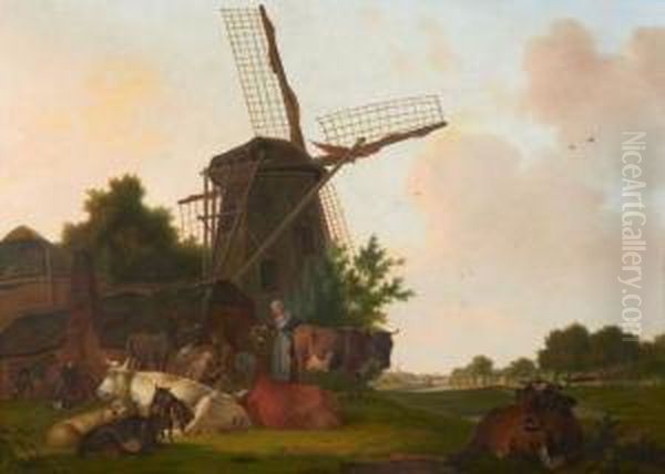 Vachere Et Son Troupeau Au Pied D'un Moulin Oil Painting by Barent Hendrik Thier