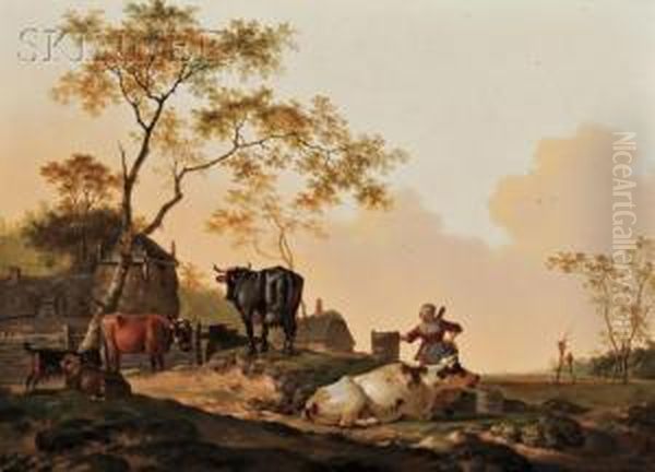 Pastoral Scene With Peasant And Animals In A Farmyard Oil Painting by Barent Hendrik Thier