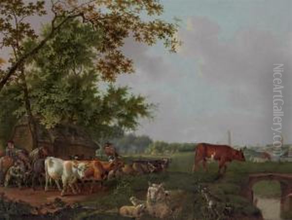 An Extensive Landscape With Drovers, Cattle, Sheep And A Distantview Of Bruge Oil Painting by Barent Hendrik Thier