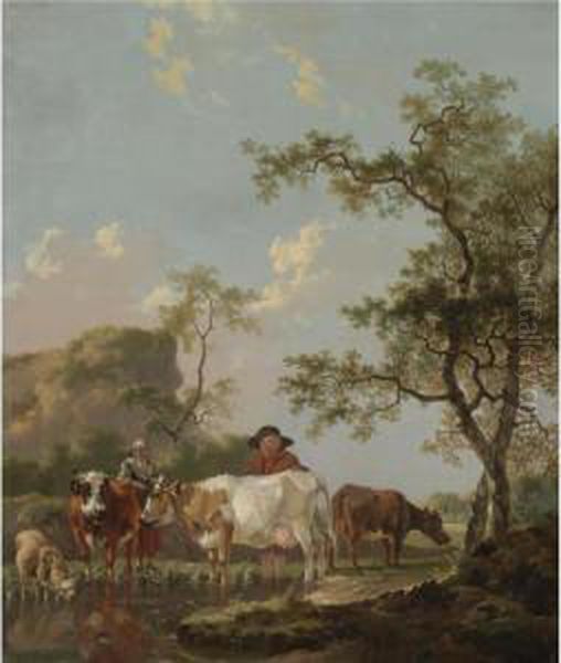 A Landscape With Two Peasants And Their Cattle Beside A Stream Oil Painting by Barent Hendrik Thier