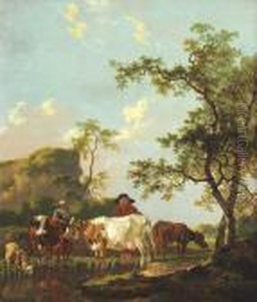 Landscape With Muleteer And Cattle
 Oleo Sobre Tabla Oil Painting by Barent Hendrik Thier