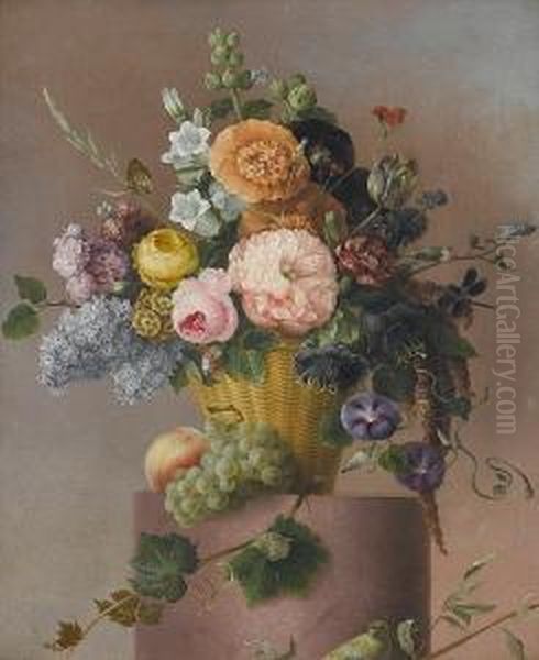 Roses, Morning Glory, Carnations, Stocks, Auriculas And Other Flowers In A Basket On A Stone Edge With Grapes And A Peach, A Greenfinch On A Branch Below Oil Painting by Augustin Alexandre Thierriat