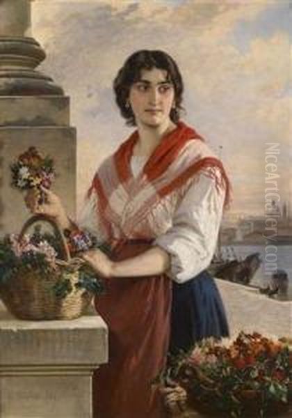 Venetian Flowerseller Oil Painting by Ludwig Thiersch