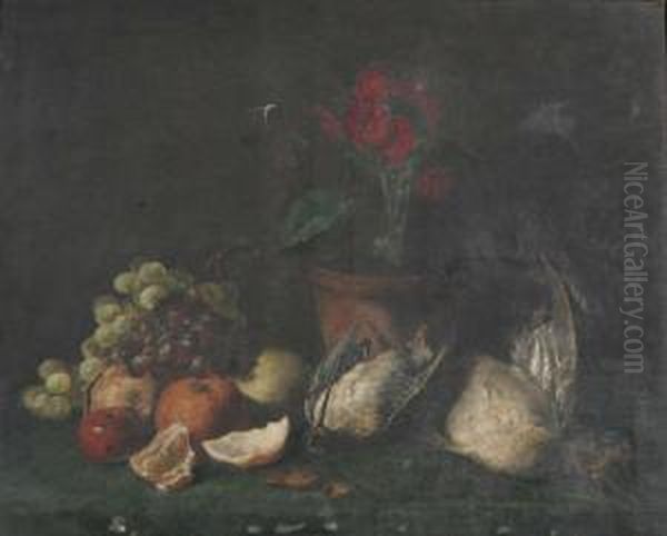 Stilleven Met Gevogelte, Fruit En Bloempot Oil Painting by E. Thijs