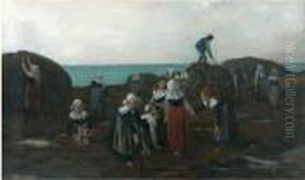 Ramasseuses De Goemon En Bretagne Oil Painting by Charles Victor Thirion