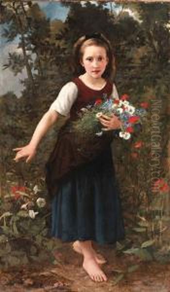 A Young Girl Holding Flowers Oil Painting by Charles Victor Thirion