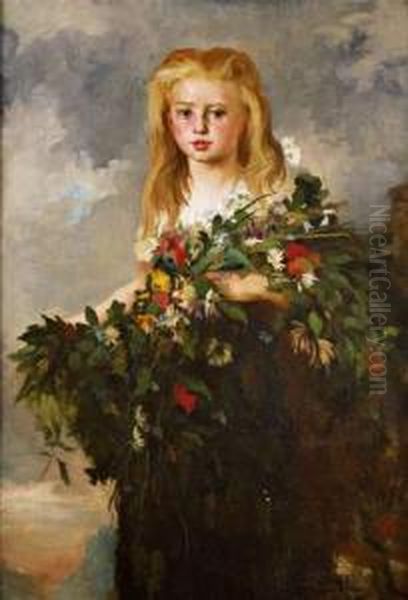 Portrait De Fillette A La Gerbe De Fleurs Oil Painting by Eugene Thirion