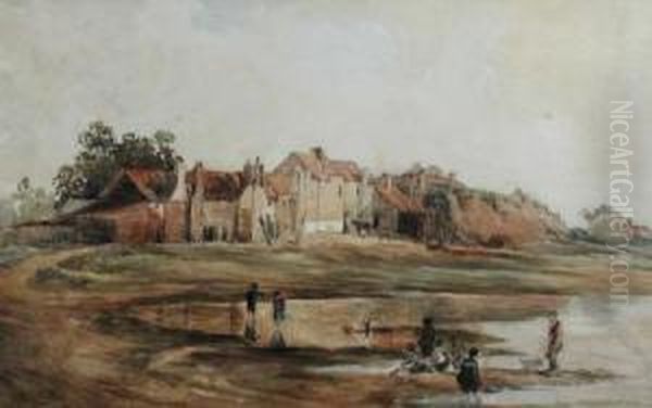 A Scottish Village With Children Playing By A Pond Oil Painting by John Thirtle