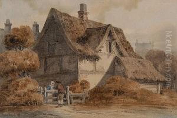 Figures Before A Cottage Oil Painting by John Thirtle