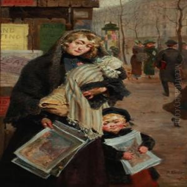 A Young Mother And Her Children Are Selling Journals On A Parisian Boulevard Oil Painting by Auguste Antoine Thivet