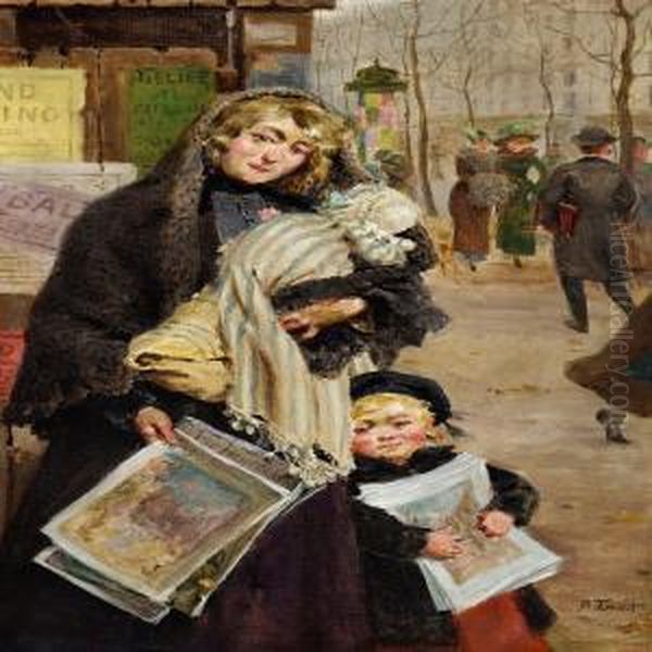 A Young Mother And Her Children Are Selling Journals On Aparisian Boulevard Oil Painting by Auguste Antoine Thivet