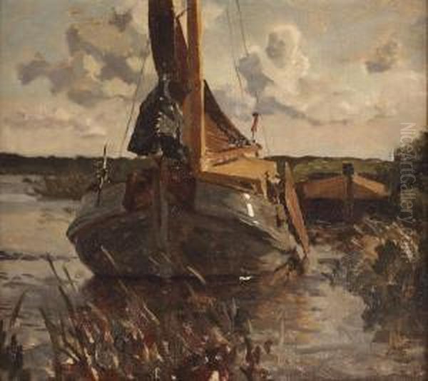 A Moored Barge Oil Painting by Willem Bastiaan Tholen