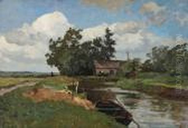 A Farm In A Polder Landscape Oil Painting by Willem Bastiaan Tholen