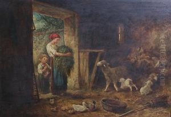 Mother And Child By A Barn Door, With Sheep, Lambs And Ducks Oil Painting by James C. Thom