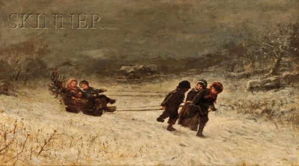 Winter Scene With Children Sledding Oil Painting by James Crawford Thom