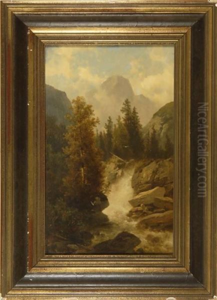 Mountain Waterfall Oil Painting by Josef Thoma