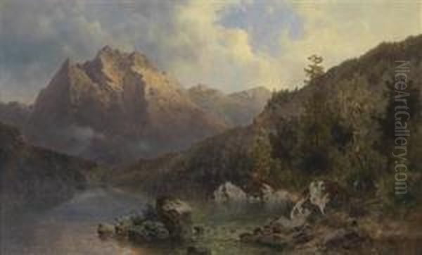 On The Mountain Lake Oil Painting by Josef Thoma