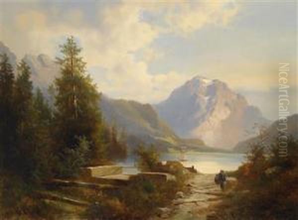 Landscape With Lake And Decorative Figures Oil Painting by Josef Thoma