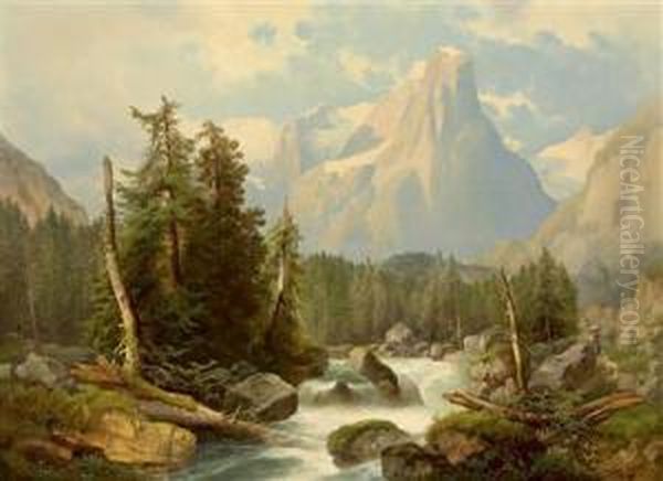 Mountain Torrent Oil Painting by Josef Thoma