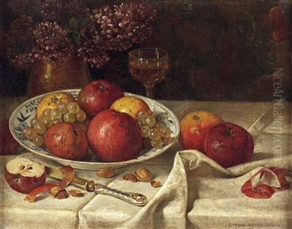 Stillleben Mit Obst Und Vase Mit Blumen Oil Painting by Carl Thoma-Hofele