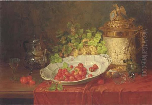 Strawberries, Grapes And An Ornamental Jug On A Draped Table Oil Painting by Carl Thoma-Hofele