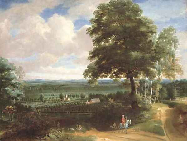 A panoramic landscape with a huntsman on a path and a manor house with formal gardens beyond Oil Painting by Jacques d' Arthois