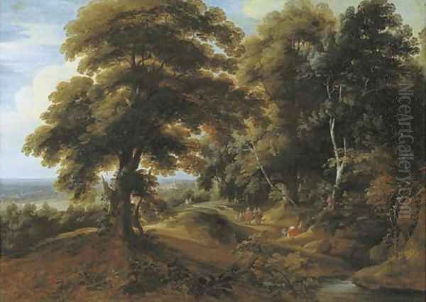 A wooded landscape with elegant figures on a path Oil Painting by Jacques d' Arthois