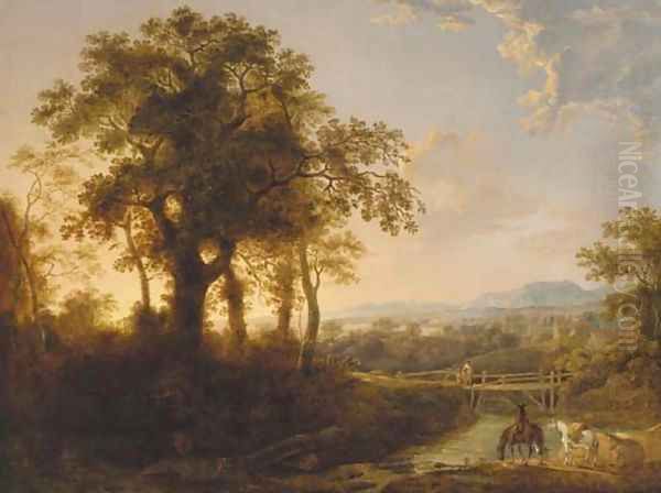 A traveller on horseback surveying an extensive landscape Oil Painting by George Arnald